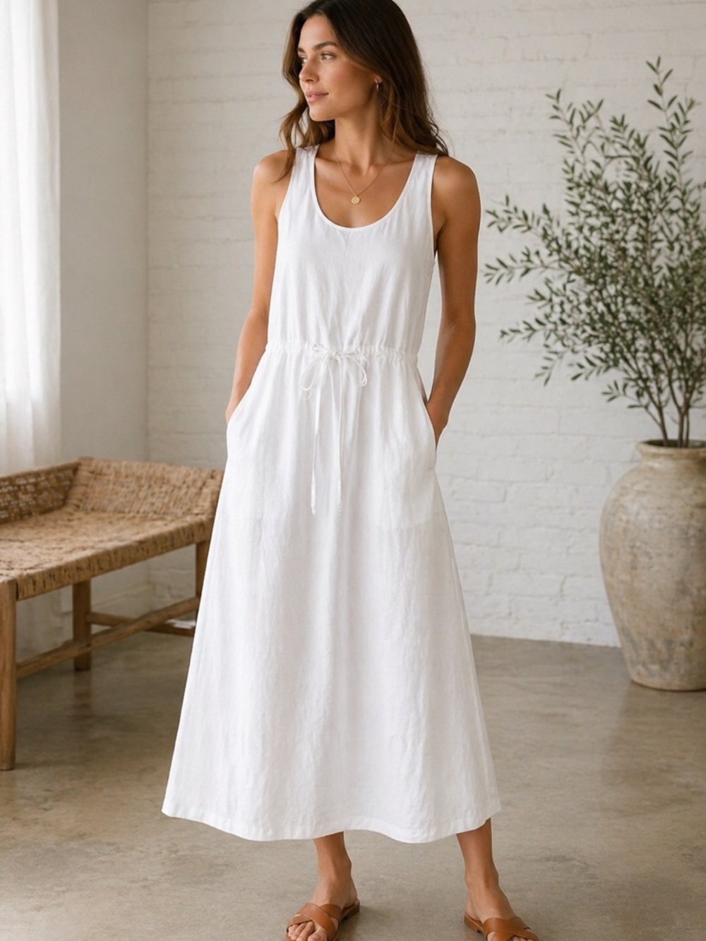 Eileen Fisher White Organic Cotton Drawstring Sleeveless Dress Size S